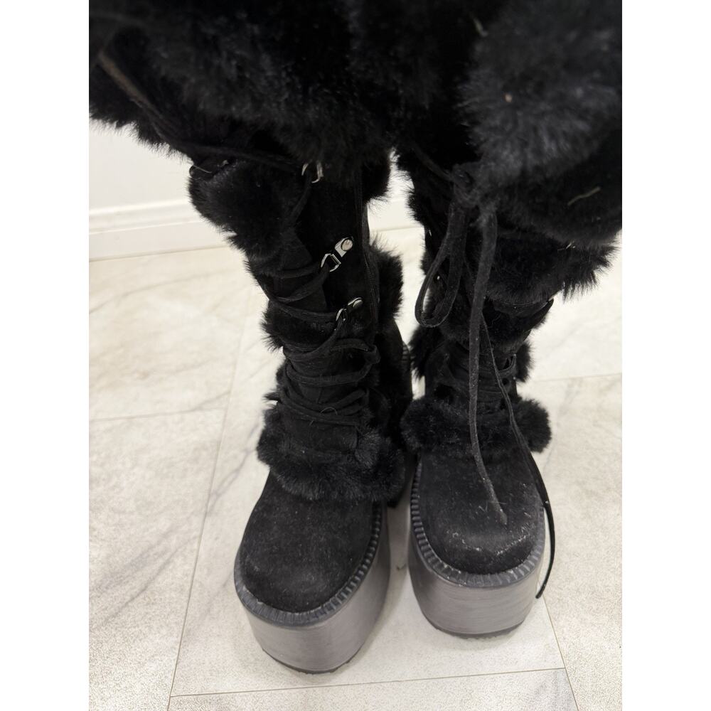 Women’s Black Faux Fur Lined Lace-Up Platform Knee High Boots US 8 - Picture 4 of 7